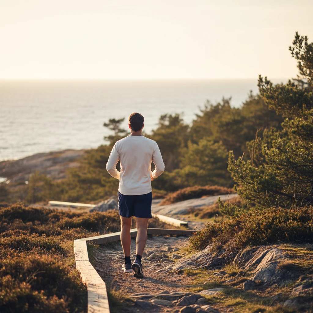 Anonym man joggandes längs en skandinavisk kust - blodcirkulation och näringsstöd för aktiv livsstil